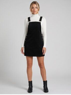 Black Corduroy Front Pocket Overall Dress
